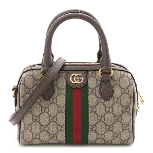 GG Supreme Monogram Textured Dollar Calfskin Web Mini Ophidia Top Handle Bag Beige Ebony New Acero