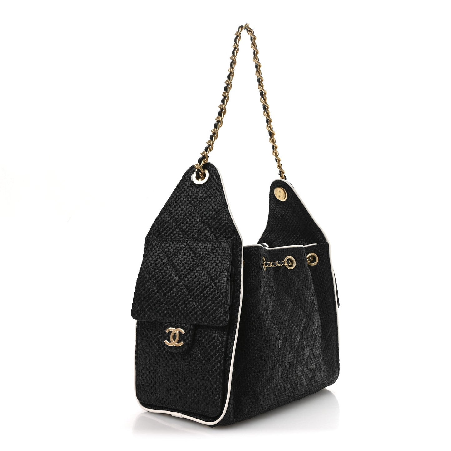 Braided Raffia Calfskin Small Chanel 25 Handbag Black White