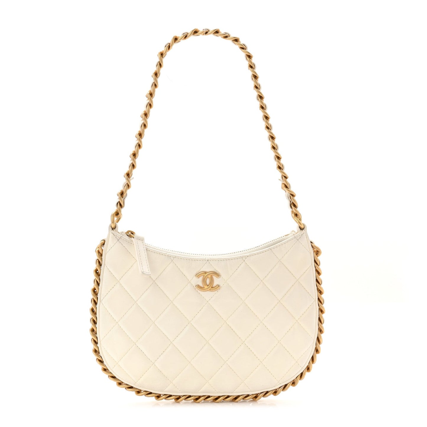 Shiny Crumpled Lambskin Quilted Trendy Chain Around Hobo White