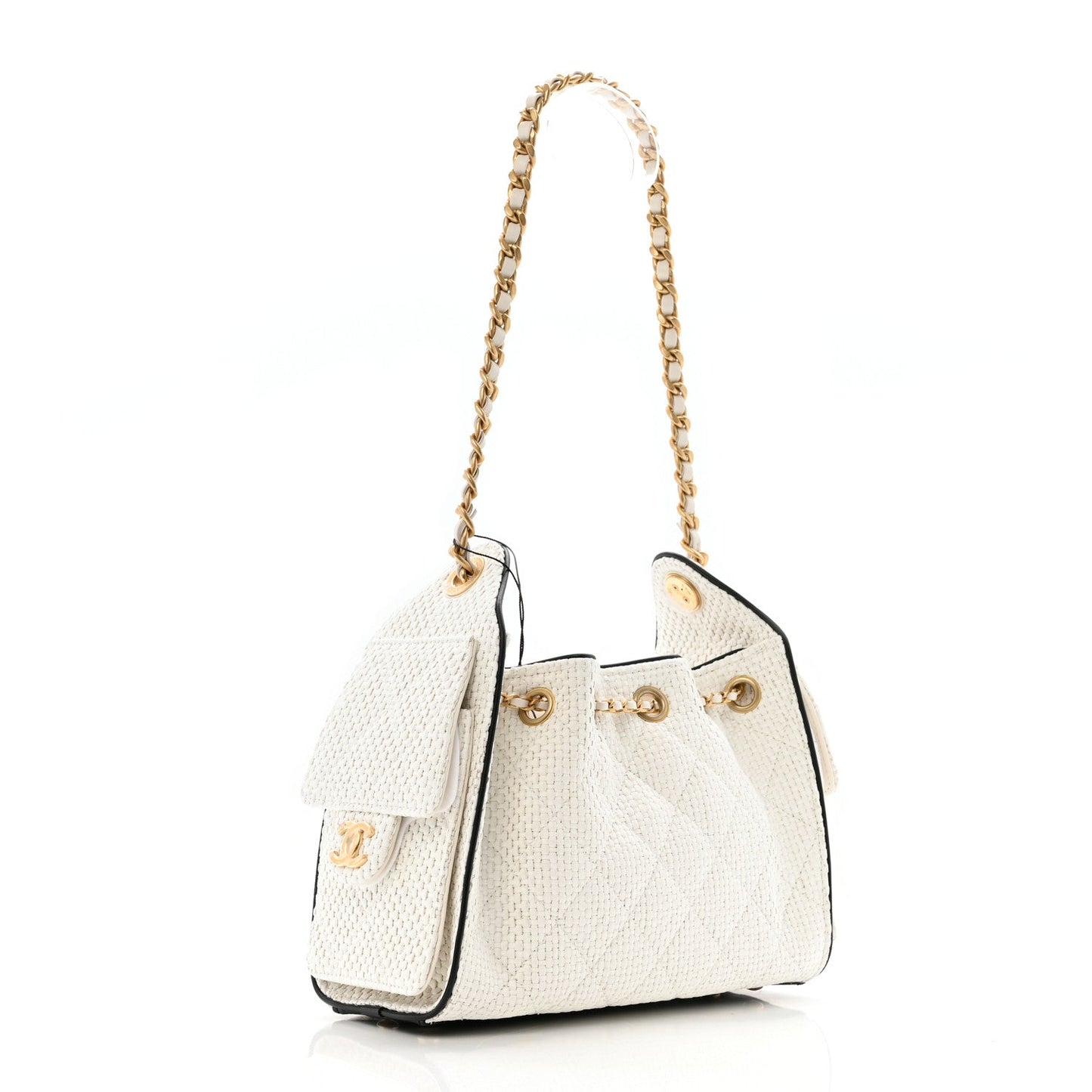 Braided Raffia Calfskin Mini Chanel 25 Handbag White Black