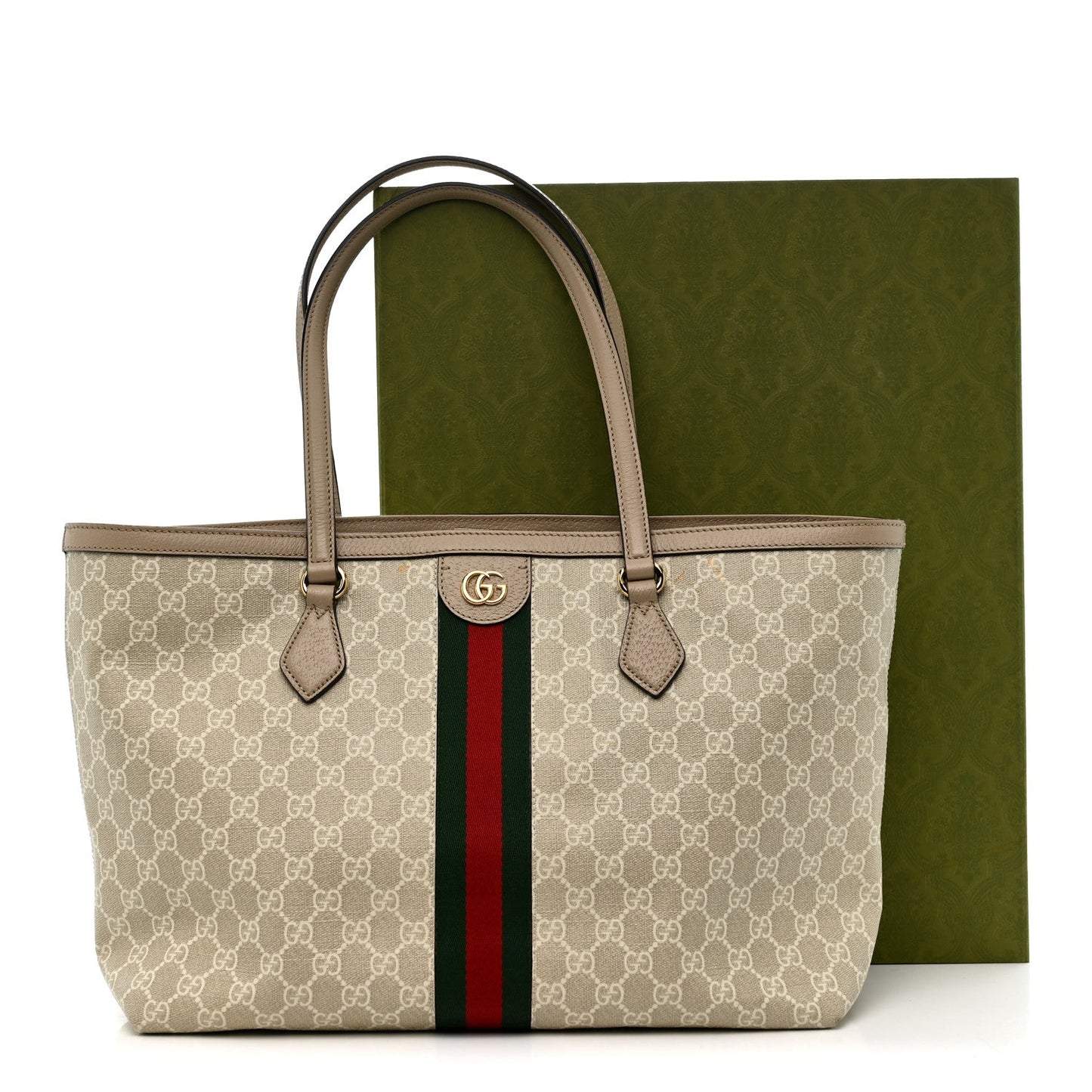 GG Supreme Monogram Textured Dollar Calfskin Web Medium Ophidia Shopping Tote Beige Mystic White Oatmeal