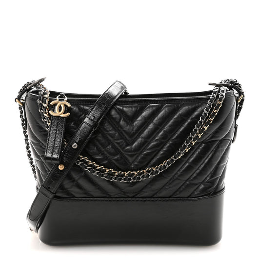 Aged Calfskin Chevron Quilted Medium Gabrielle Hobo Black
