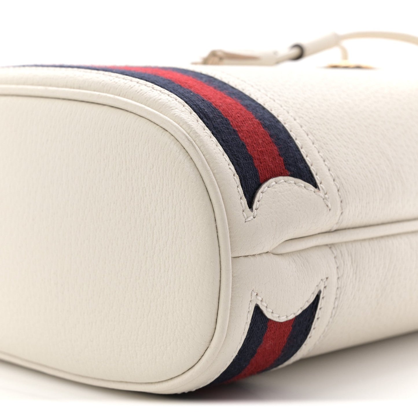 Glazed Textured Calfskin Web Small Ophidia Bucket Bag Mystic White