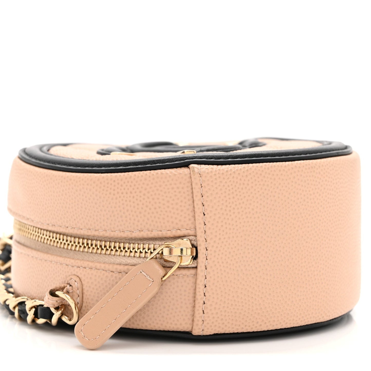 Caviar Quilted Round Filigree Crossbody Beige Black