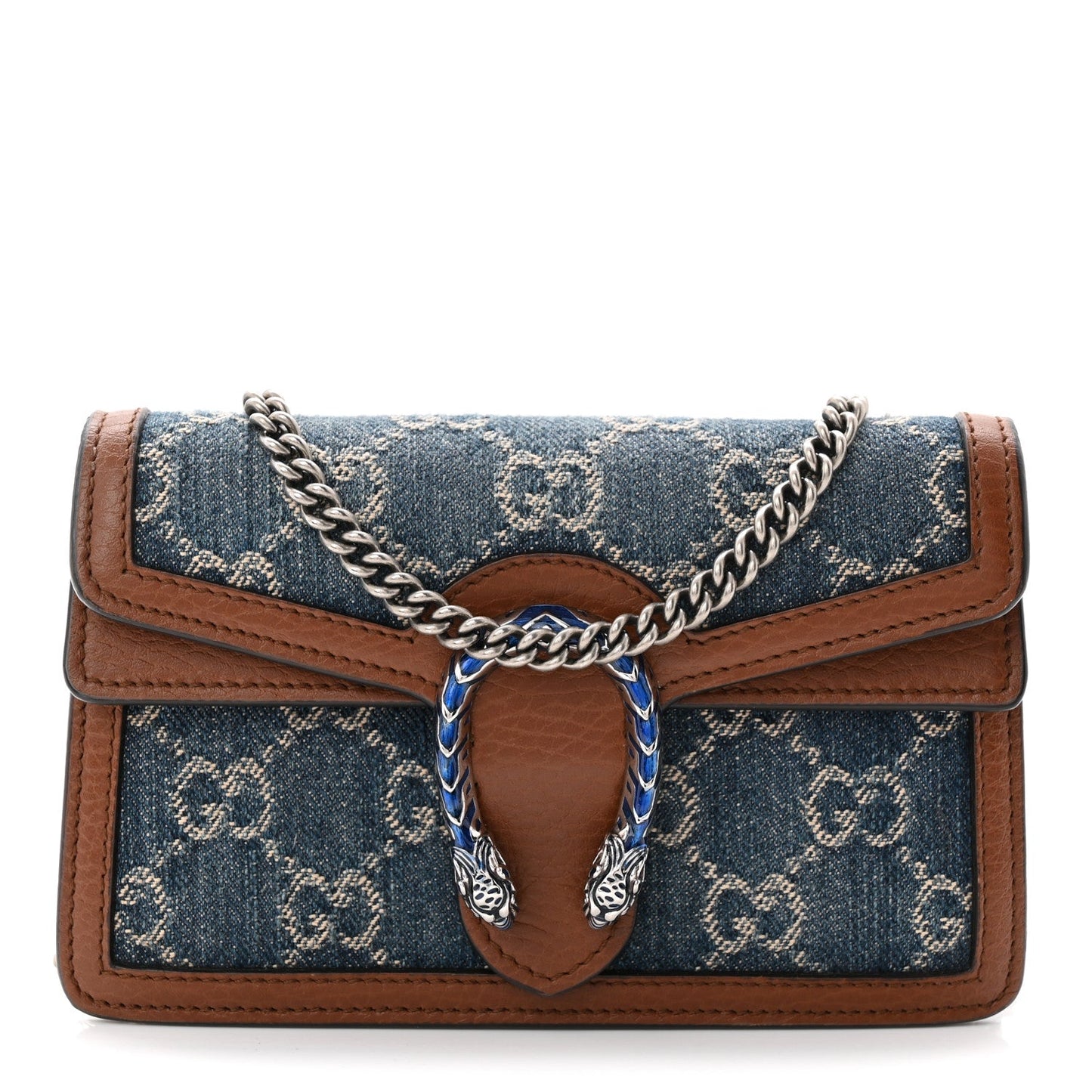 New Denim GG Monogram Dollar Calfskin Enamel Super Mini Dionysus Shoulder Bag Blue Tea Cuir Epilog Electric Blue