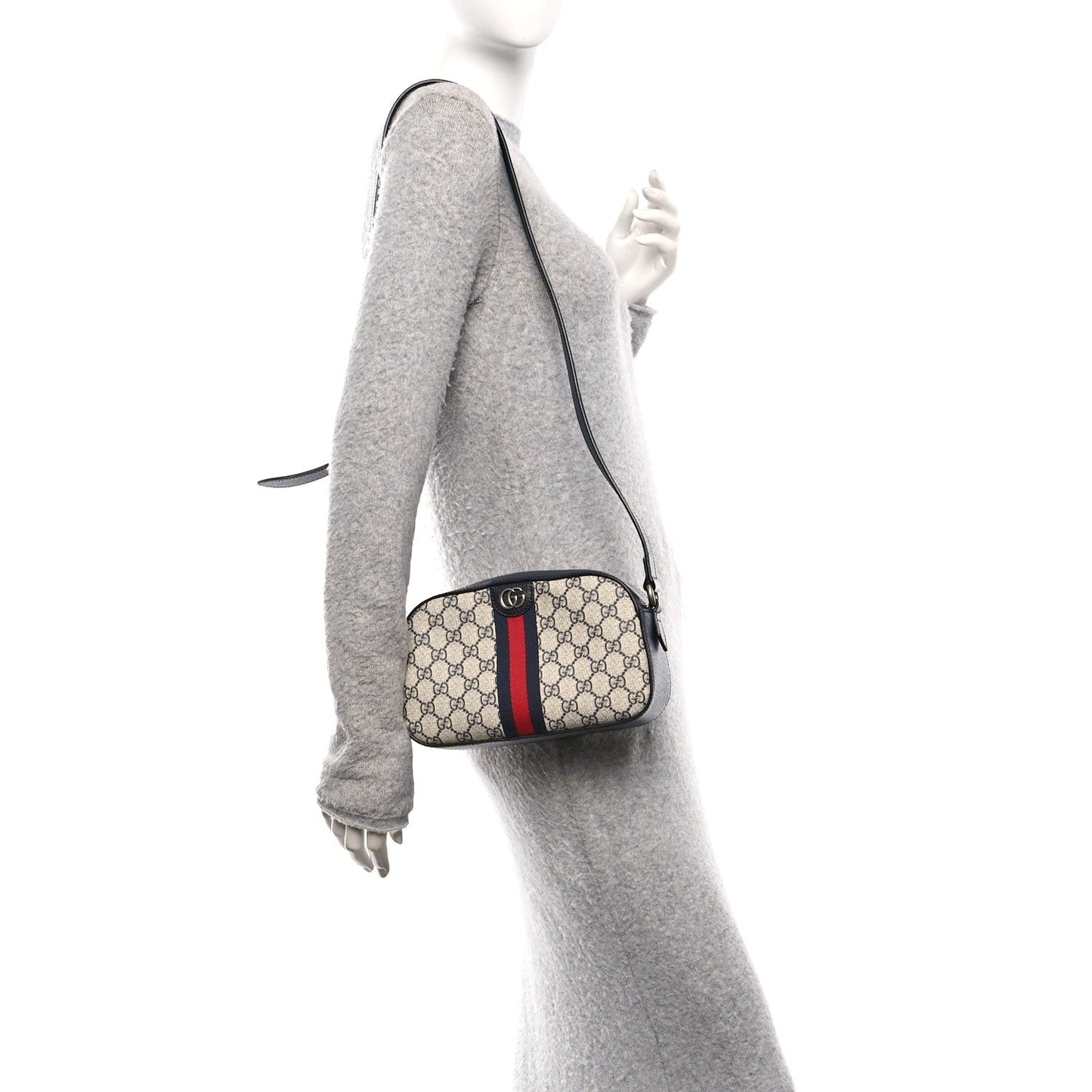 GG Supreme Monogram Textured Dollar Calfskin Web Small Ophidia Camera Bag Beige Blue