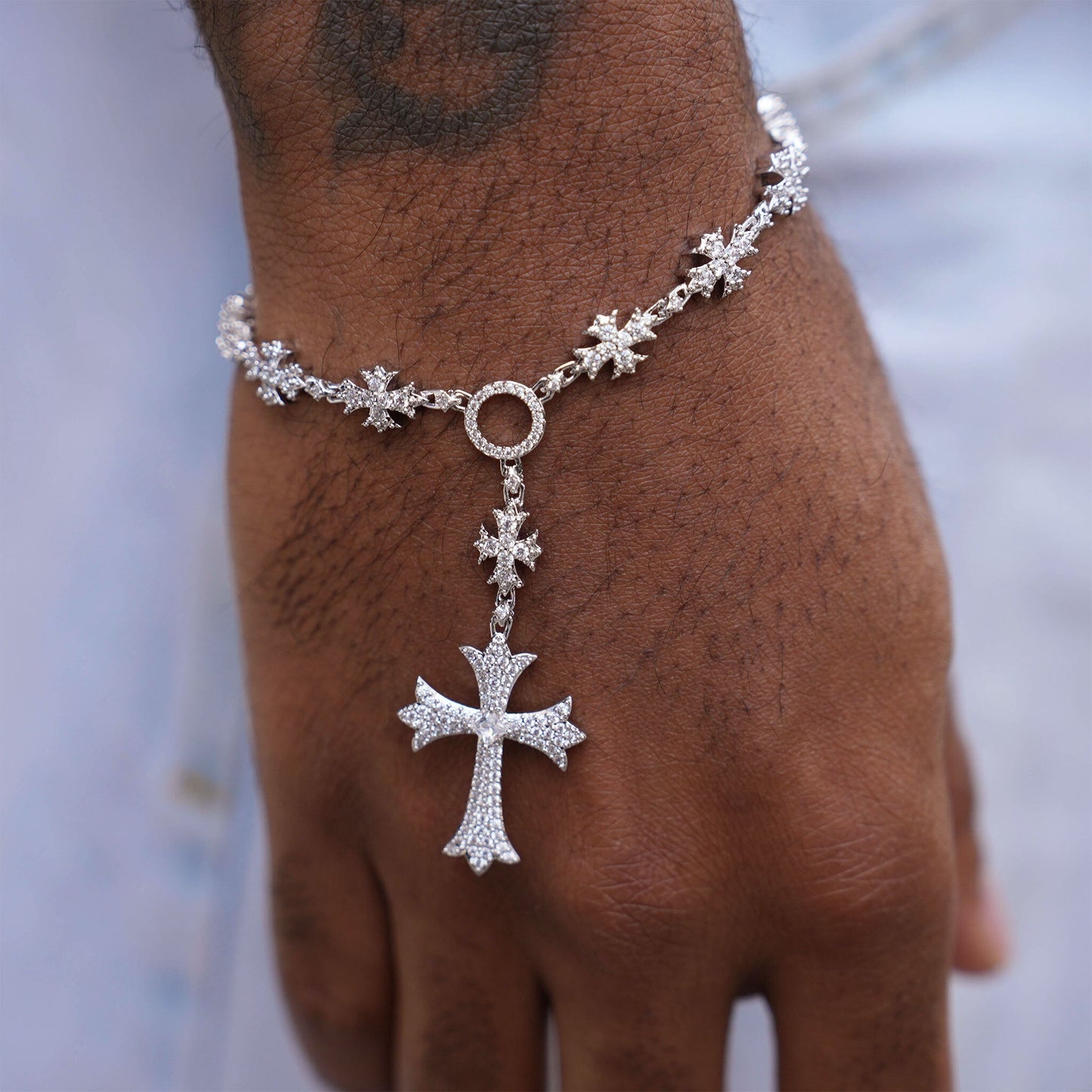 Iced Flared Cross Rosary Bracelet in White Gold
