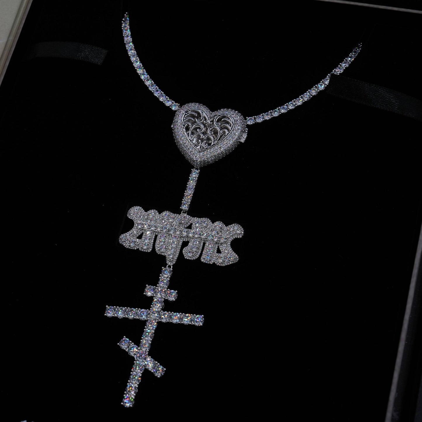 GLD X Bloody Osiris Moissanite Locket Rosary Chain in White Gold Vermeil