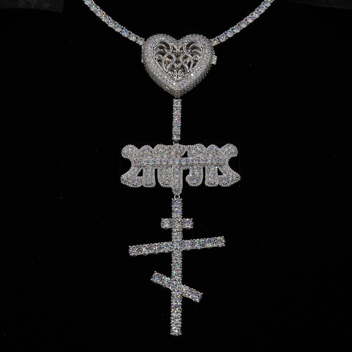 GLD X Bloody Osiris Moissanite Locket Rosary Chain in White Gold Vermeil
