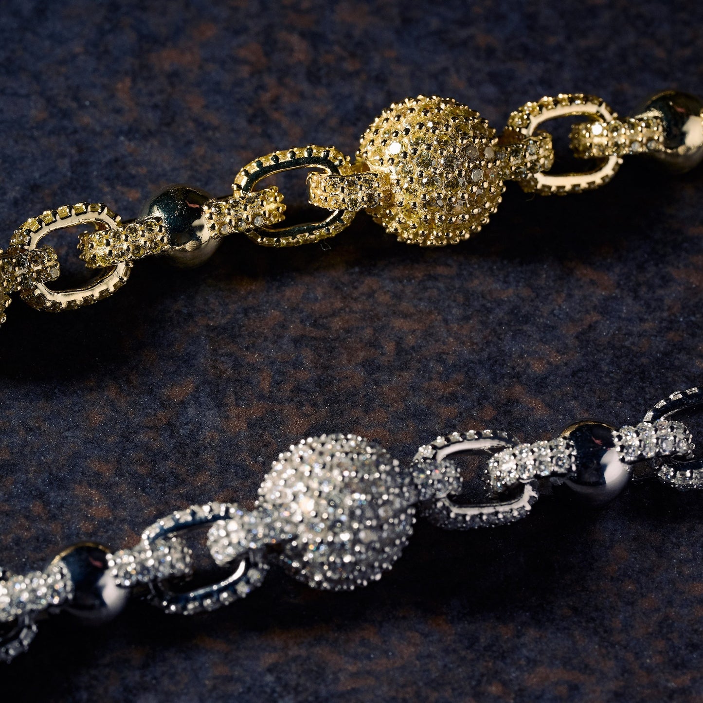 GLD X Bloody Osiris Dual Finish Moissanite Ball Chain Bracelet in White and Yellow Gold Vermeil