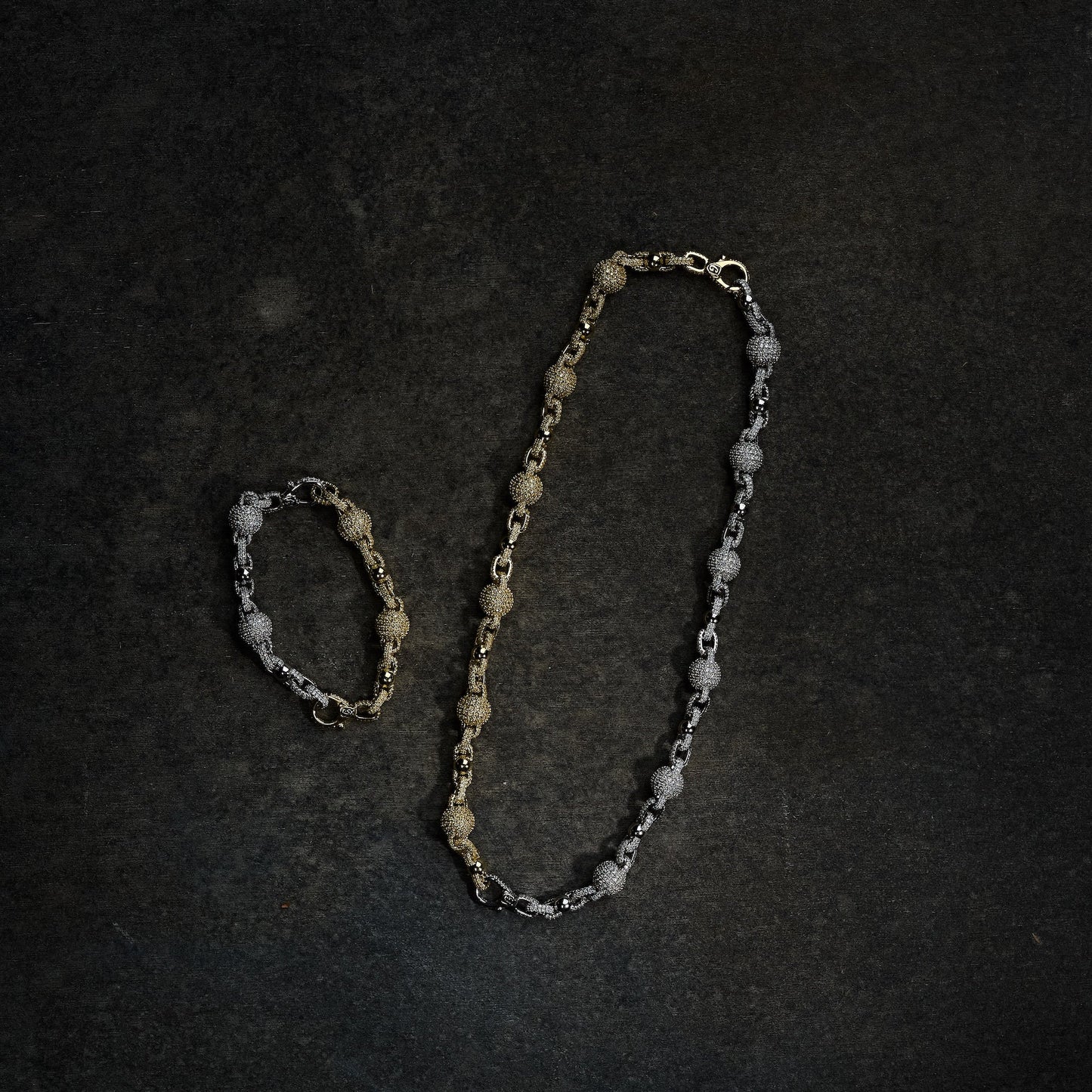 GLD X Bloody Osiris Dual Finish Moissanite Ball Chain in White and Yellow Gold Vermeil