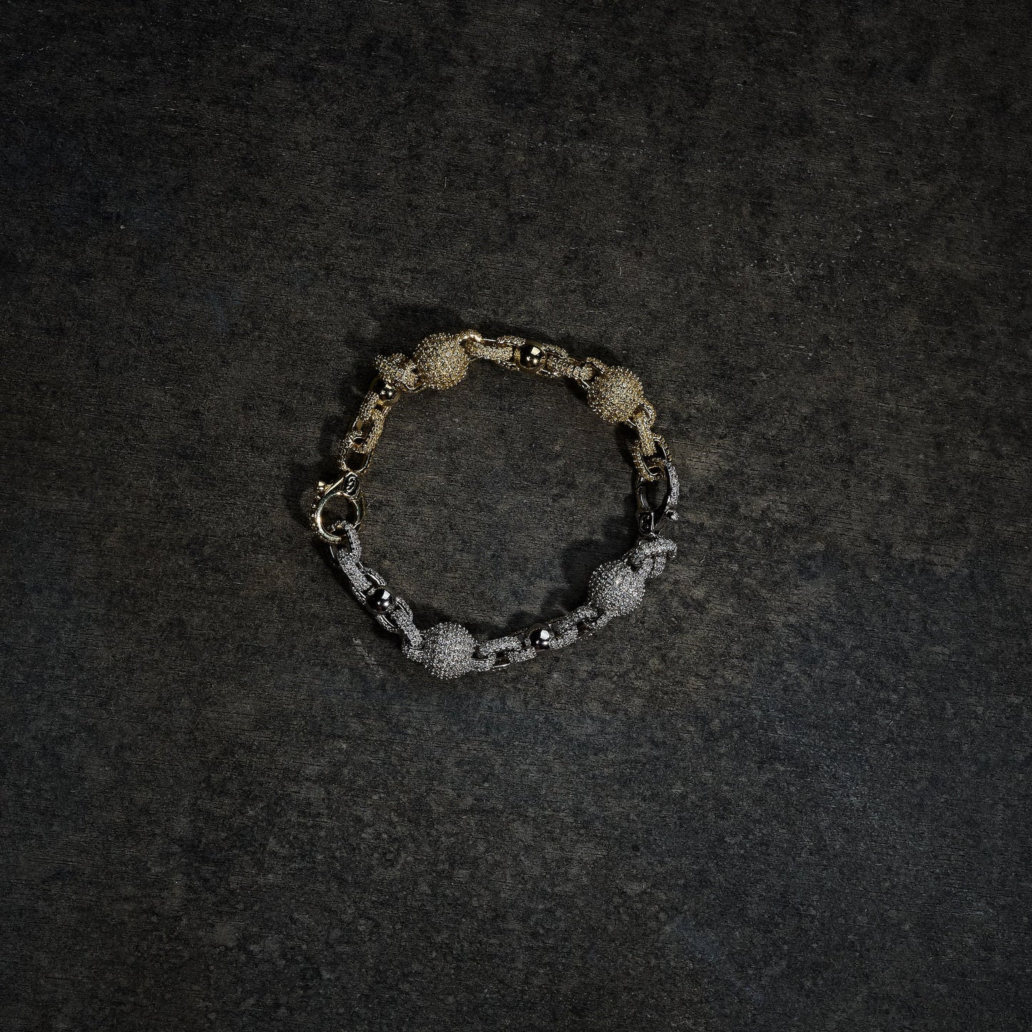 GLD X Bloody Osiris Dual Finish Moissanite Ball Chain Bracelet in White and Yellow Gold Vermeil