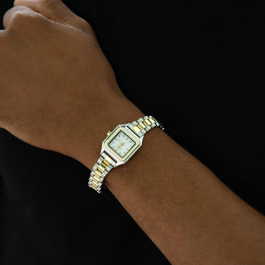 30MM Ethereal Iced Mother of Pearl Band Watch - White Gold/Gold