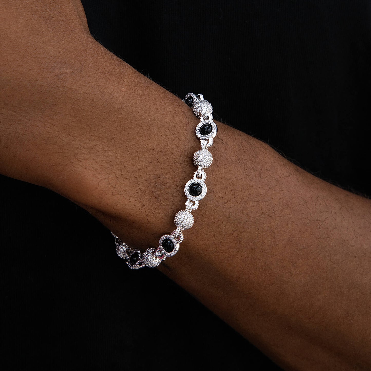 Iced Black Pearl Ball Chain Bracelet in White Gold