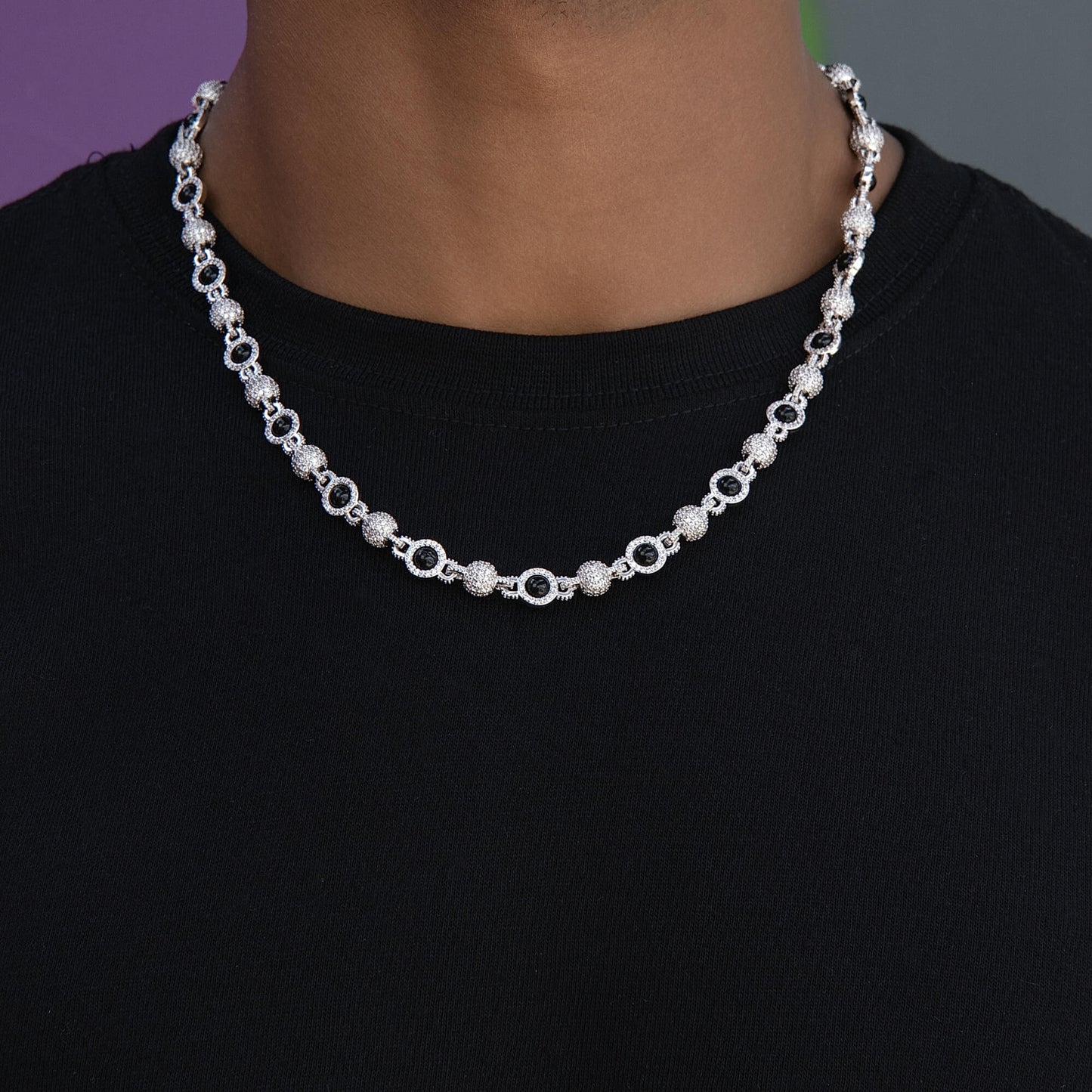 Iced Black Pearl Ball Chain Necklace in White Gold