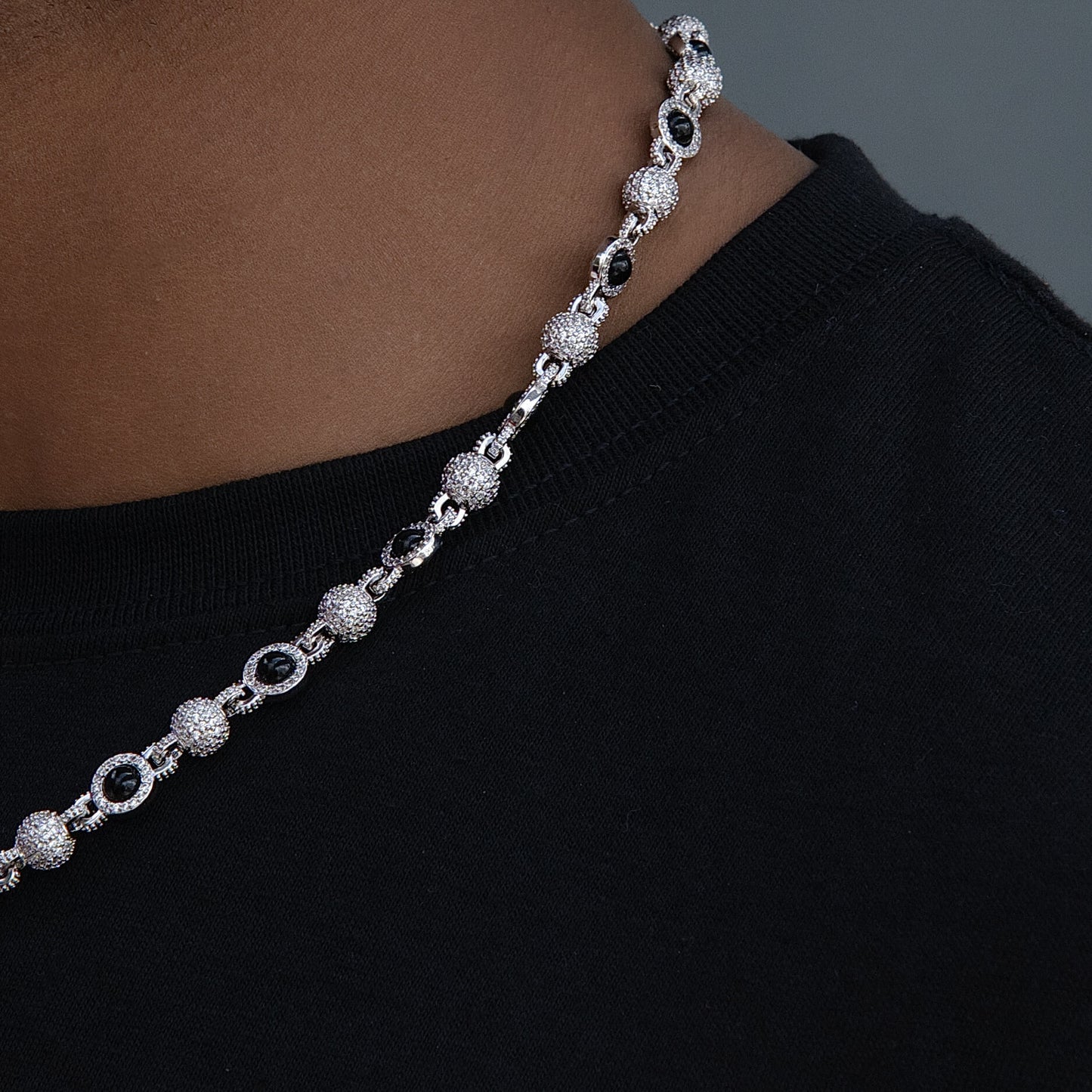 Iced Black Pearl Ball Chain Necklace in White Gold