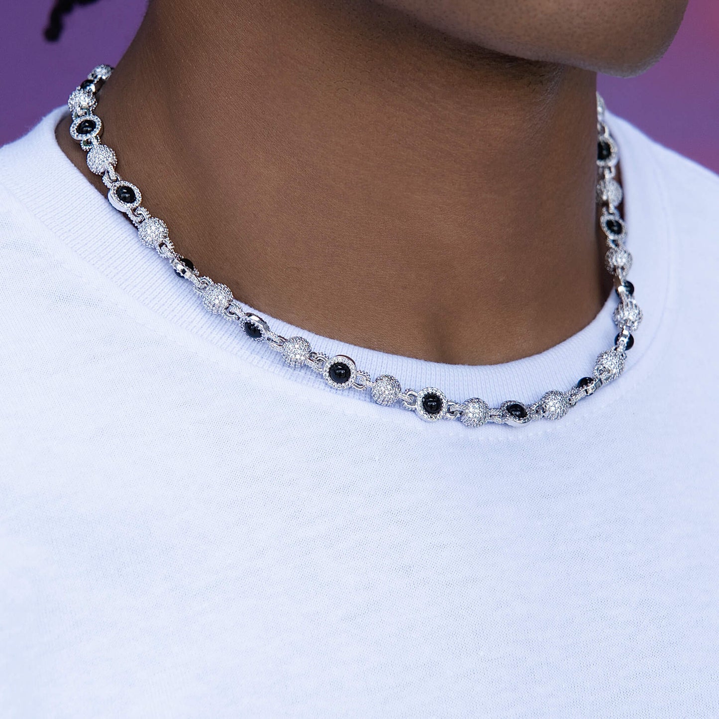 Iced Black Pearl Ball Chain Necklace in White Gold