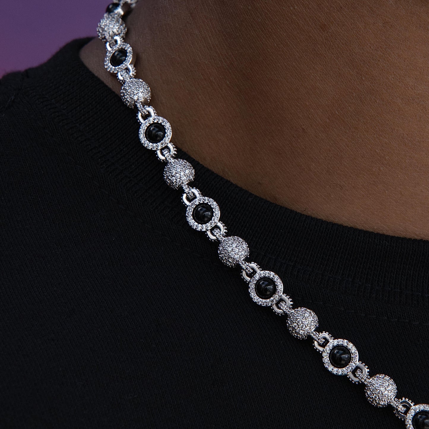 Iced Black Pearl Ball Chain Necklace in White Gold