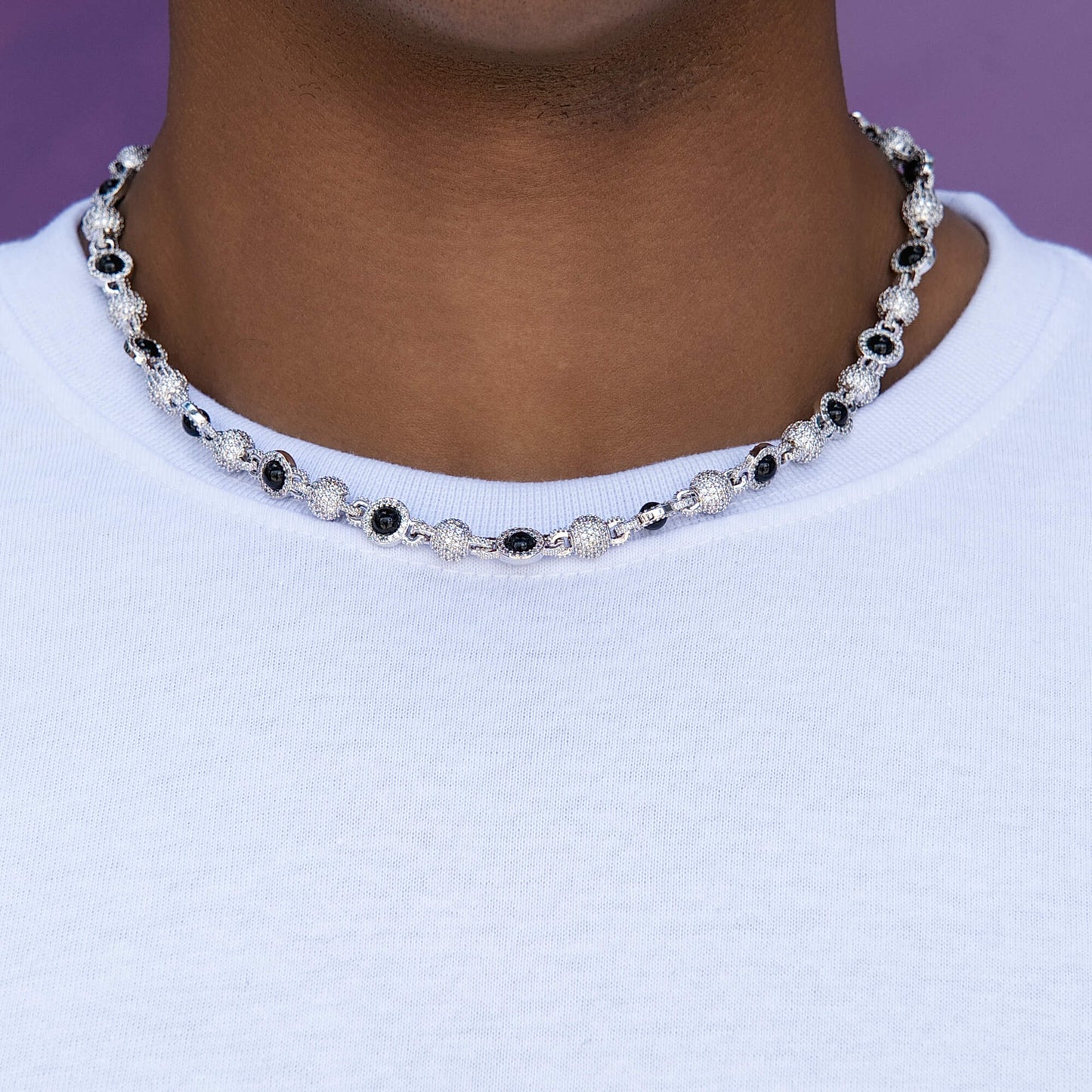 Iced Black Pearl Ball Chain Necklace in White Gold