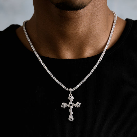 Iced Black Spike Cross Pendant in White Gold