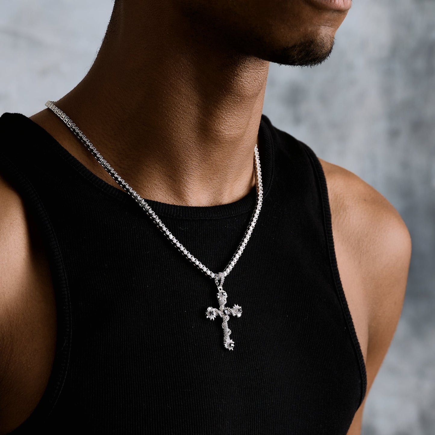 Iced Black Spike Cross Pendant in White Gold