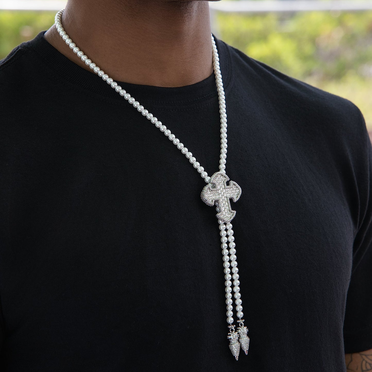 Iced Cross Pearl Bolo Chain in White Gold