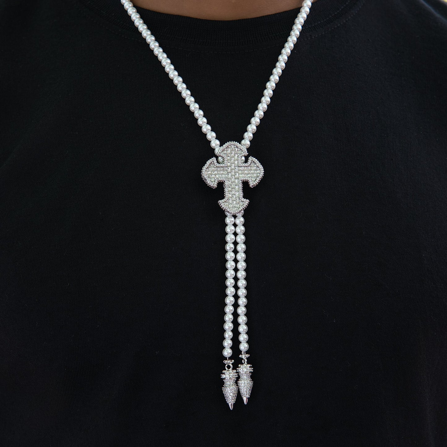 Iced Cross Pearl Bolo Chain in White Gold
