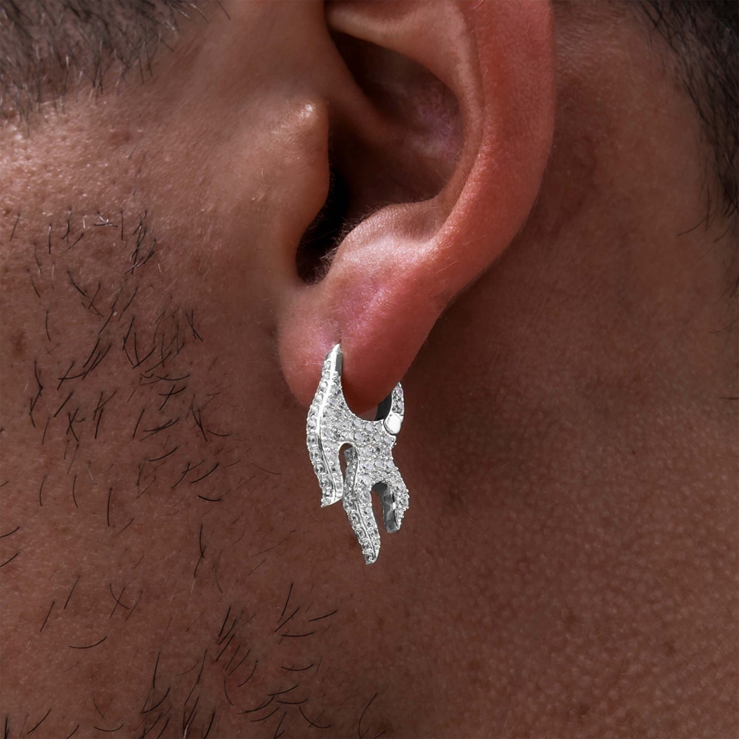 Diamond Flame Hoop Earrings in White Gold