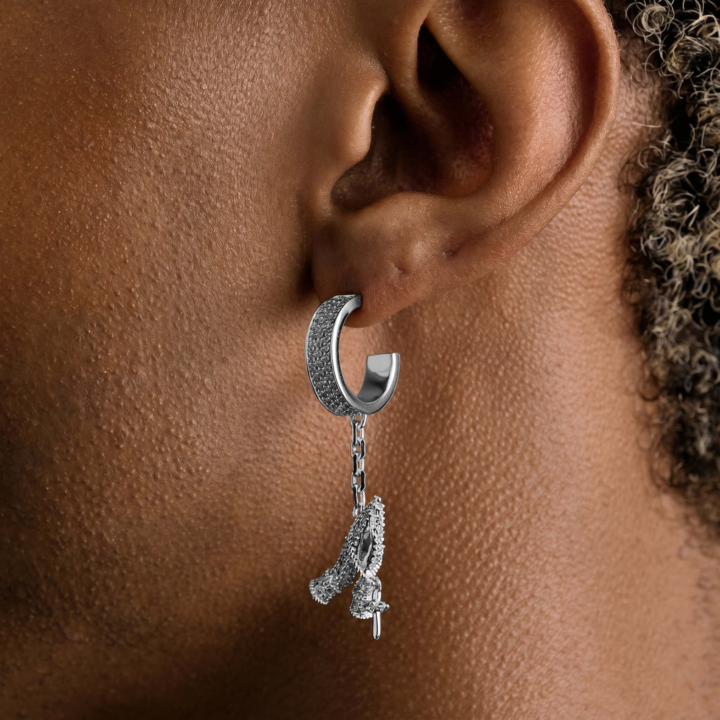 Iced Hanging Praying Hands Hoop Earring in White Gold