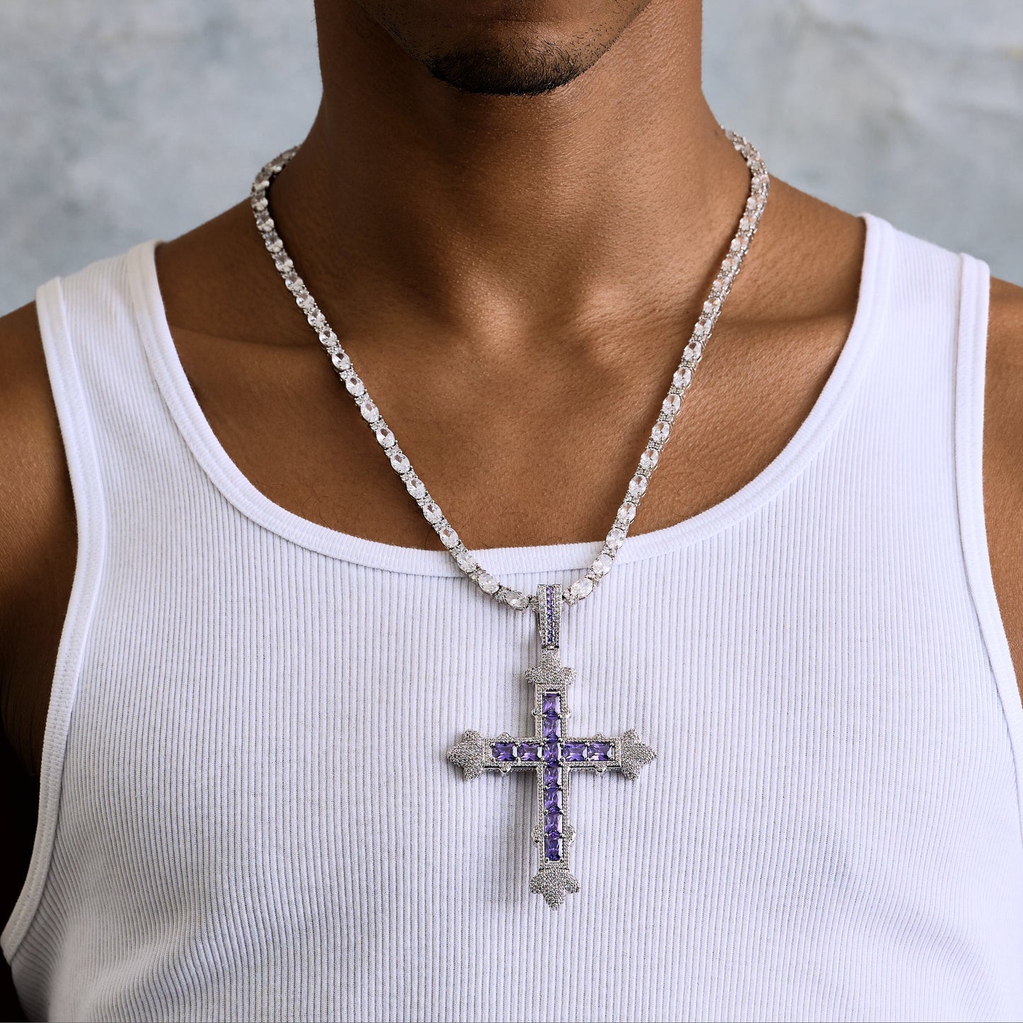 Large Iced Purple Baguette Cross Pendant in White Gold