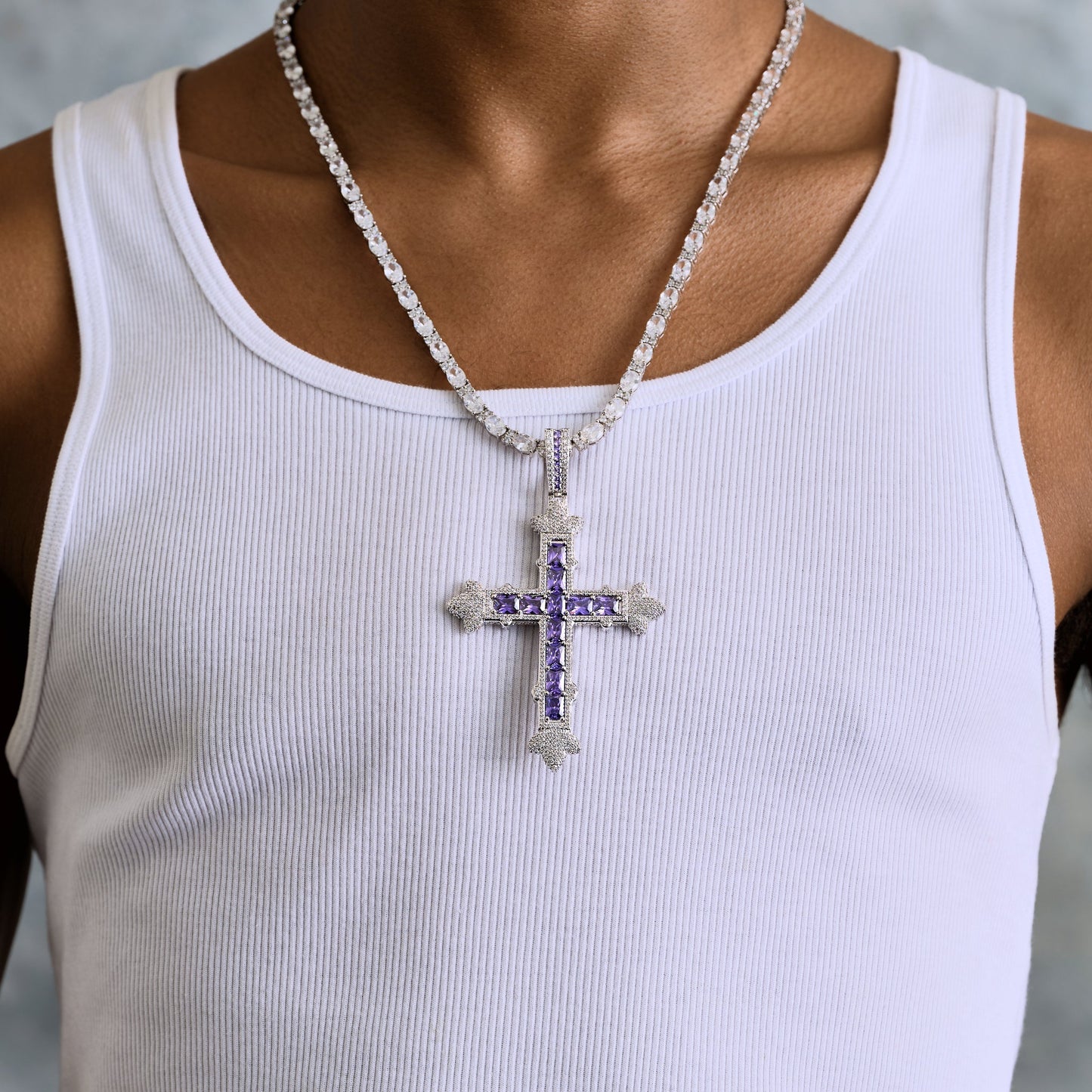 Large Iced Purple Baguette Cross Pendant in White Gold