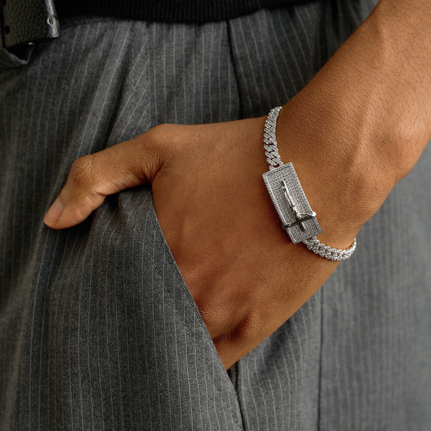 Iced Crucifix Cross Plate Bracelet in White Gold