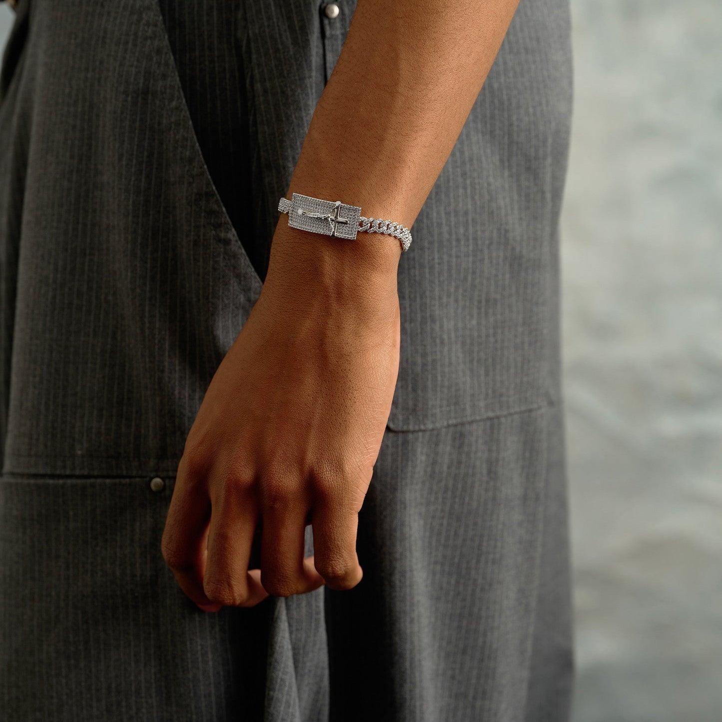 Iced Crucifix Cross Plate Bracelet in White Gold