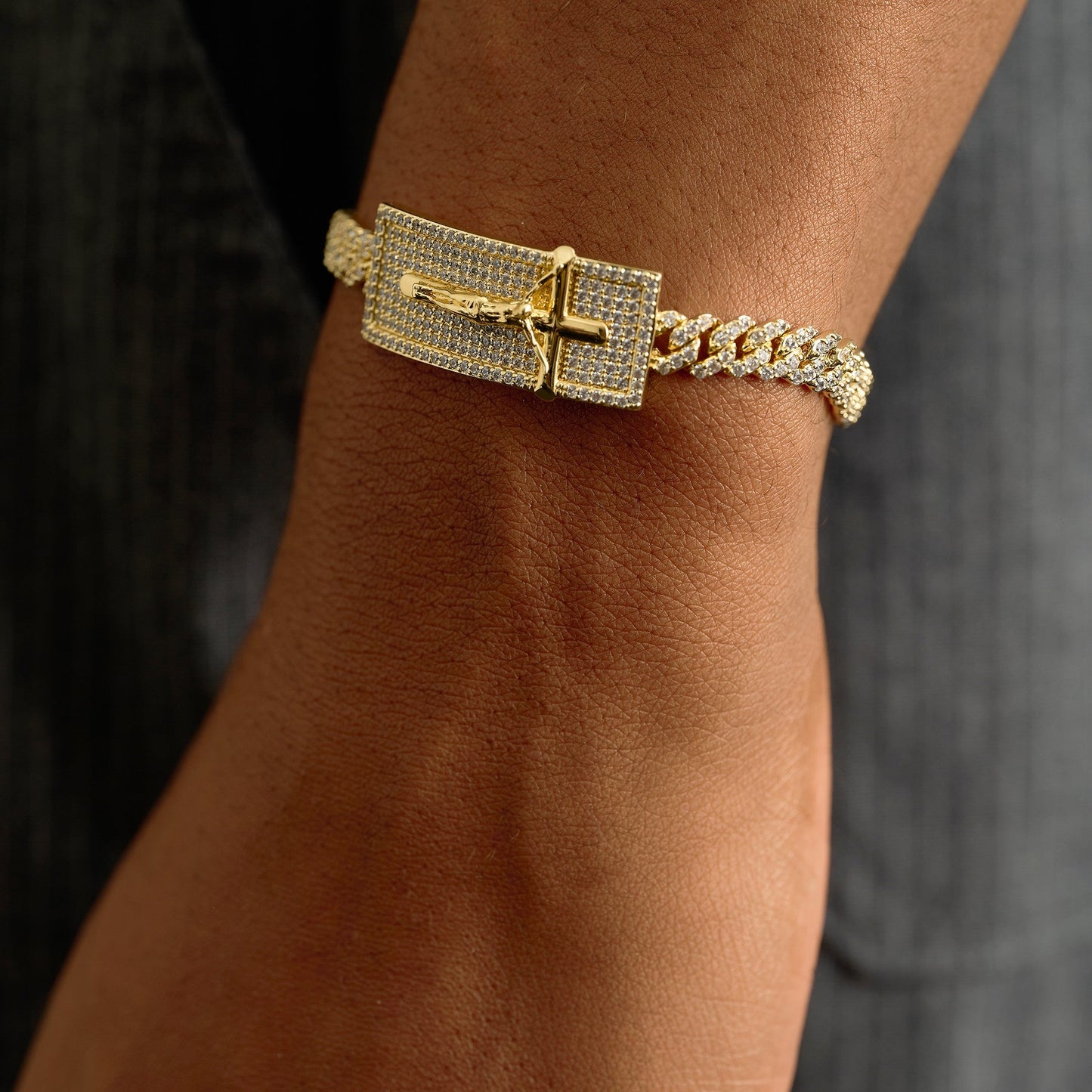 Iced Crucifix Cross Plate Bracelet in Yellow Gold
