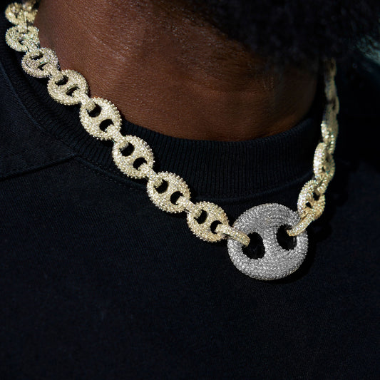 Iced Two Tone Large Link Puffed Mariner Necklace in Yellow & White Gold - 15mm
