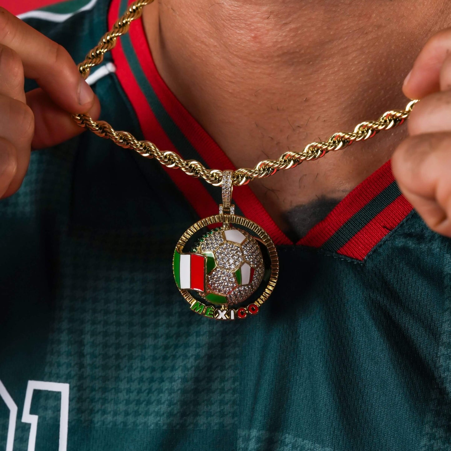 Diamond Mexico Spinning Globe Flag Pendant in Yellow Gold