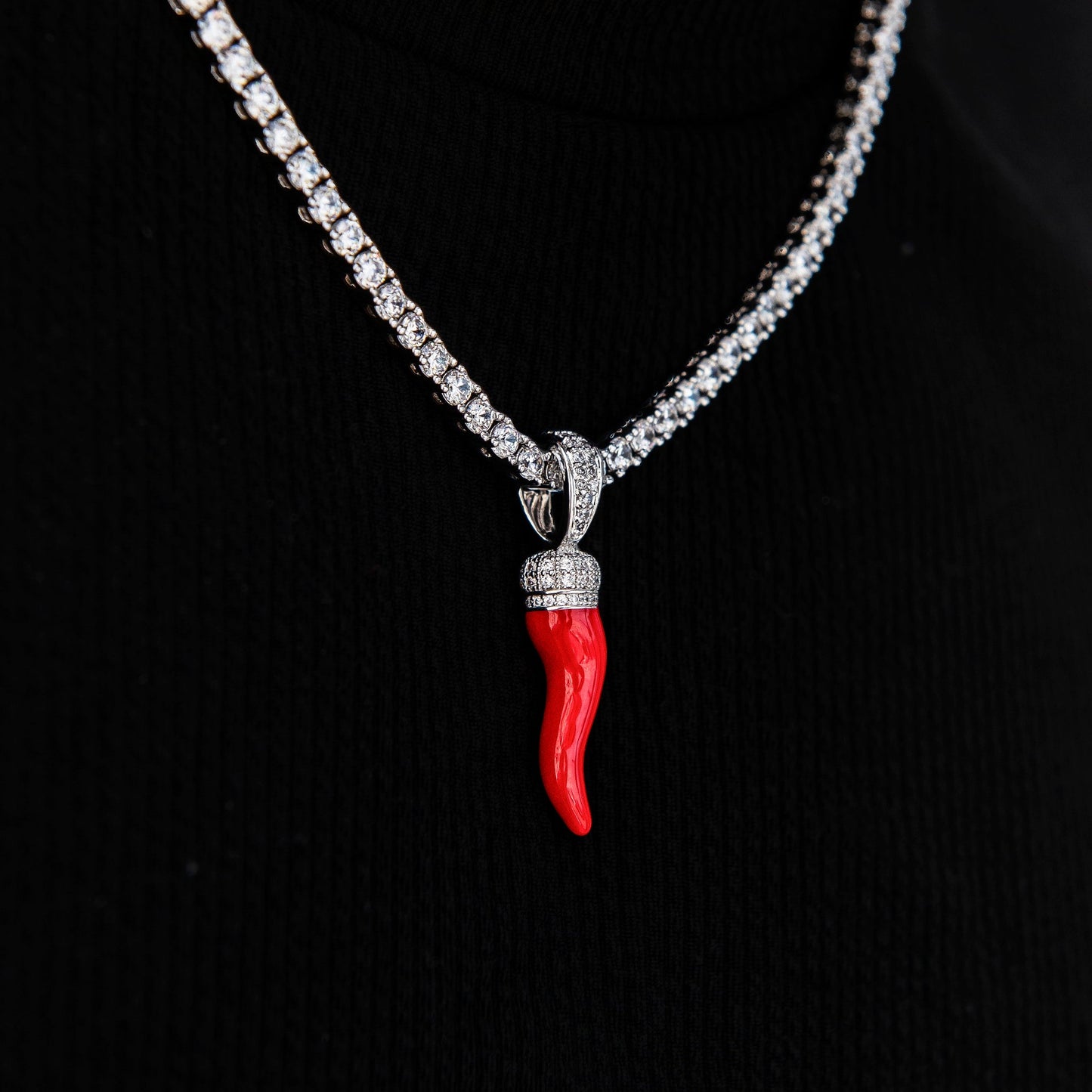 Iced Red Italian Horn Pendant in White Gold
