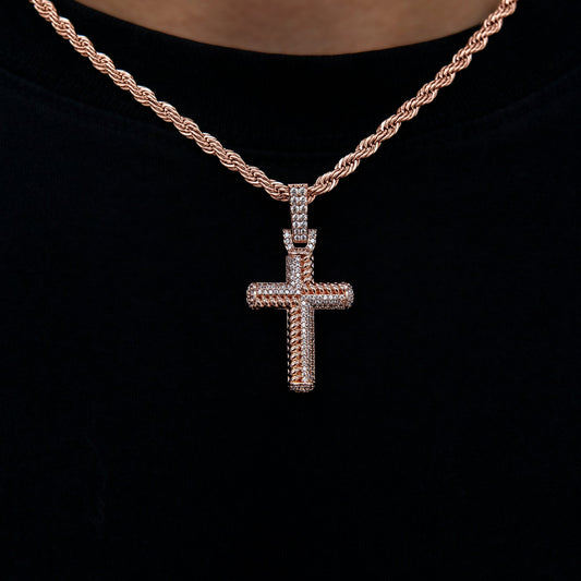 Iced Rope Mix Cross Pendant in Rose Gold