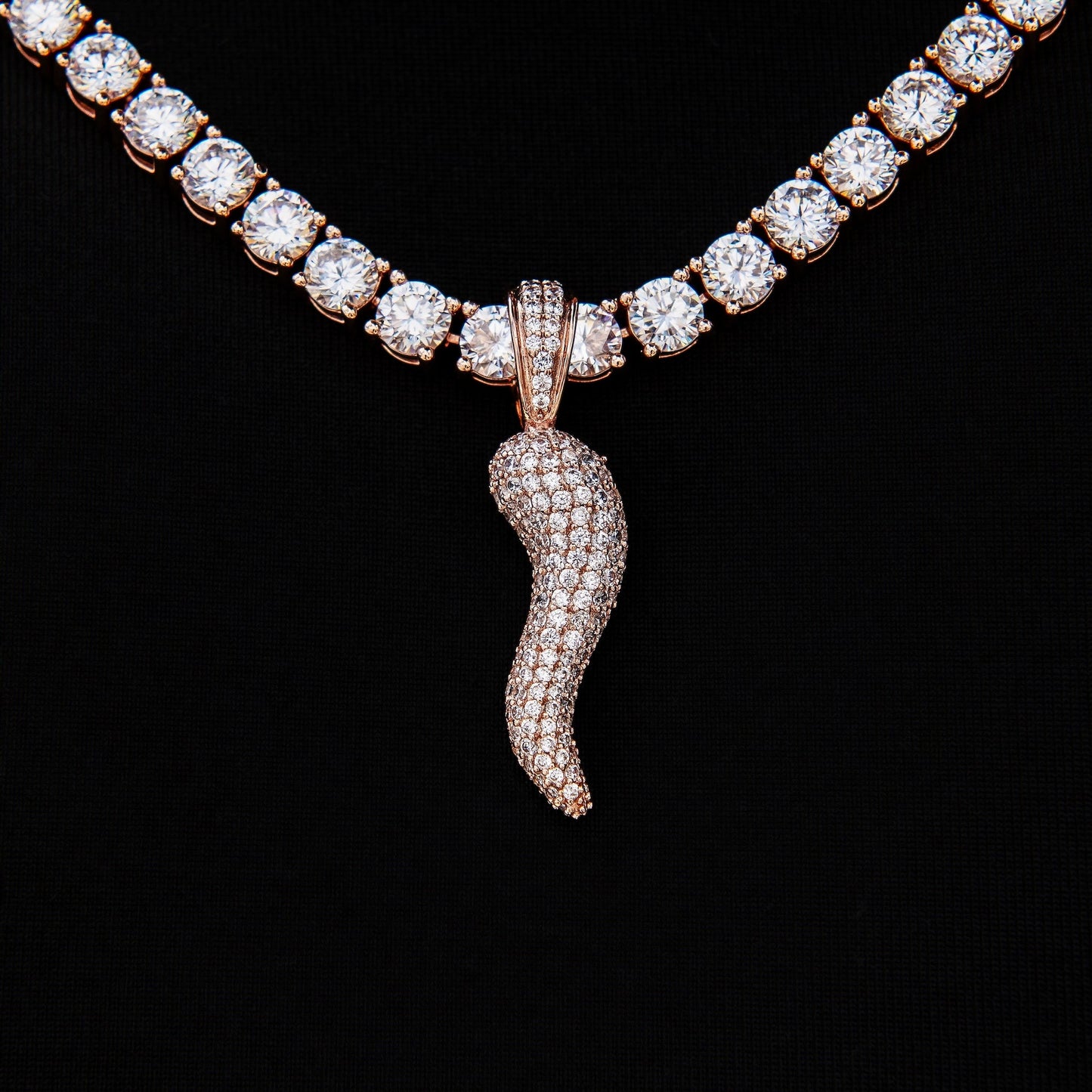 Iced Italian Horn Pendant in Rose Gold