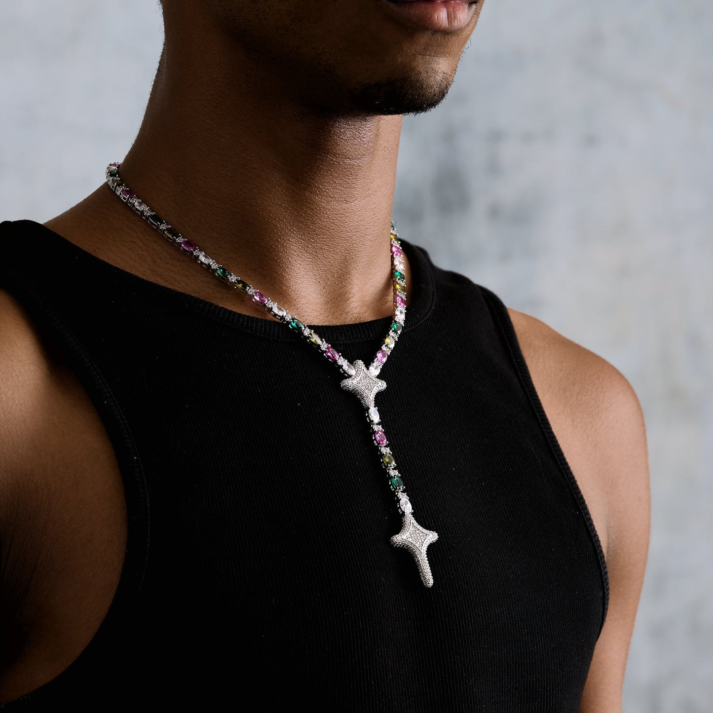 Tennis Link GLD Star Multi Color Lariat in White Gold