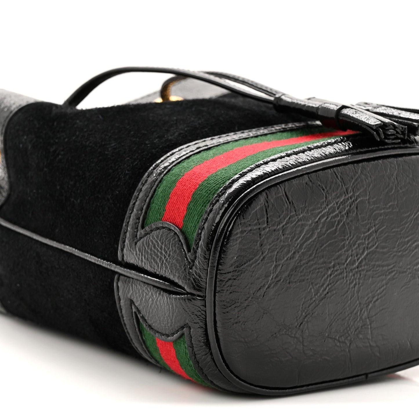 Suede Patent Web Mini Ophidia Bucket Bag Black