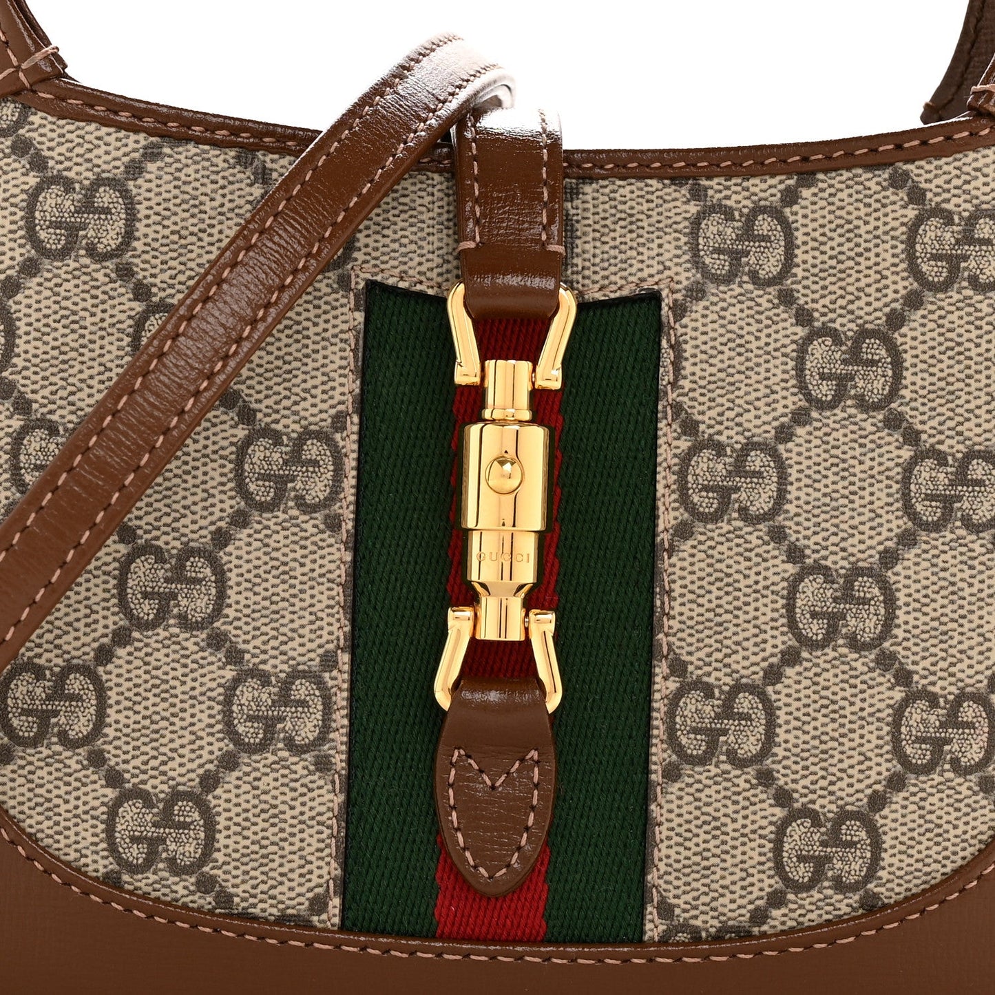 GG Supreme Monogram Azalea Calfskin Web Mini Jackie 1961 Hobo Beige Ebony Brown Sugar