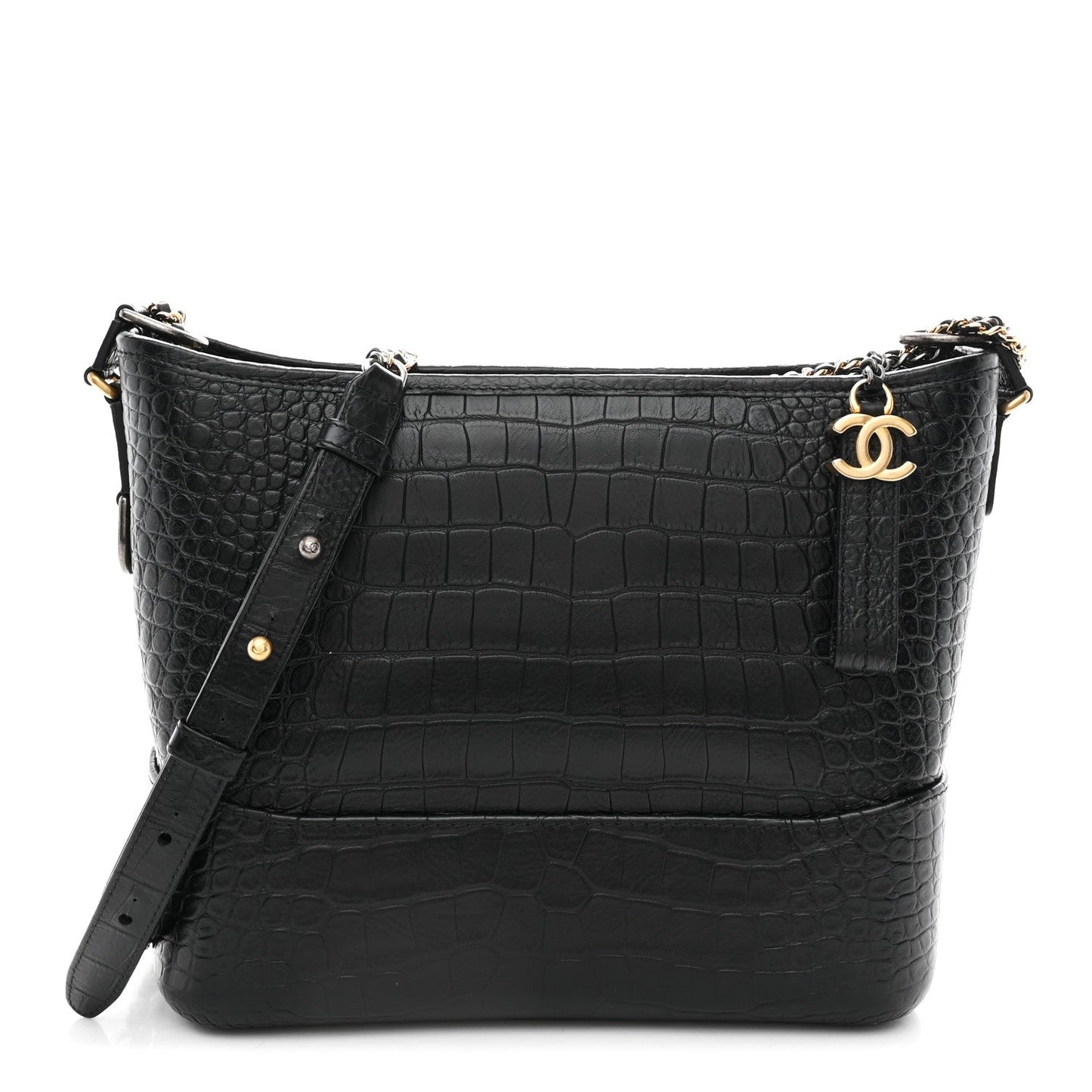 Crocodile Embossed Calfskin Medium Gabrielle Cocodile Hobo Black