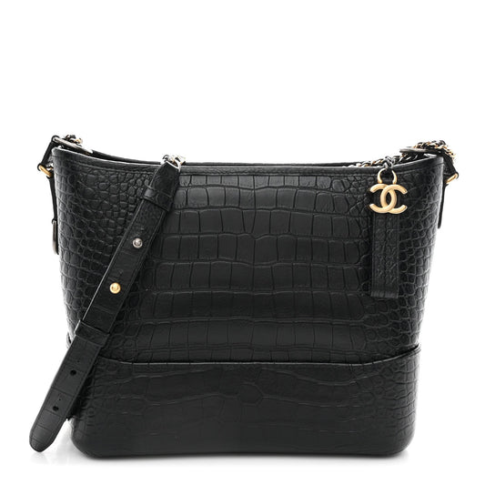 Crocodile Embossed Calfskin Medium Gabrielle Cocodile Hobo Black