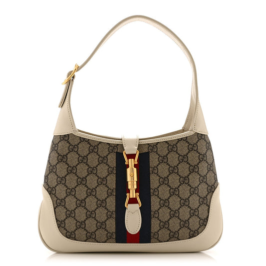 GG Supreme Monogram Azalea Calfskin Web Small Jackie 1961 Hobo Beige Ebony Mystic White