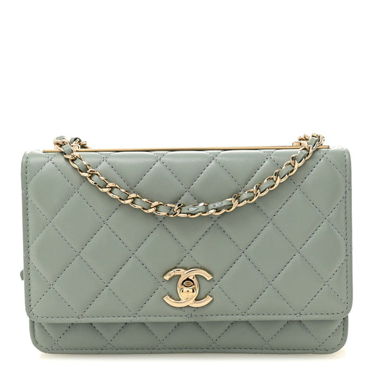 Lambskin Quilted Trendy CC Wallet On Chain WOC Grey