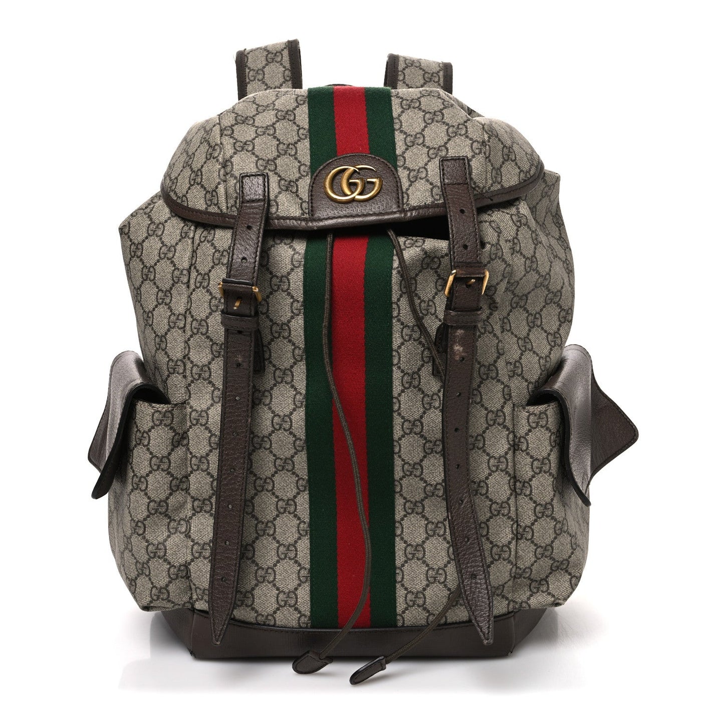 GG Supreme Monogram Medium Ophidia Double Buckle Backpack Brown