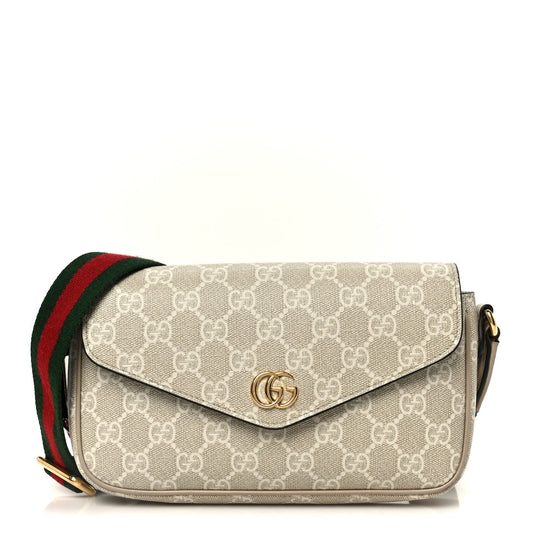 GG Supreme Monogram Textured Dollar Calfskin Web Mini Ophidia Envelope Shoulder Bag Beige Mystic White Oatmeal