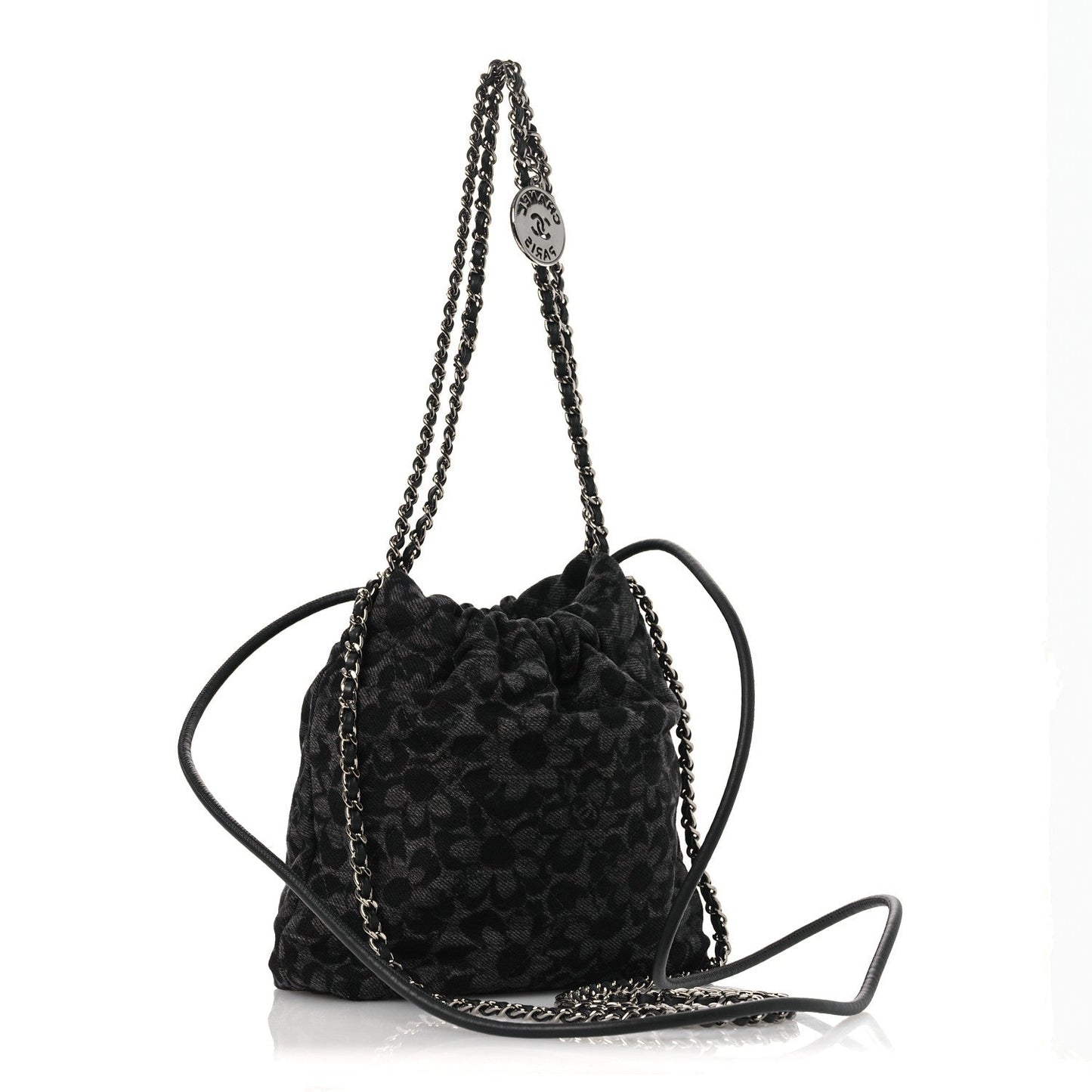 Denim Quilted Floral Print Mini Chanel 22 Black Grey