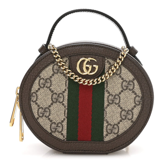 GG Supreme Monogram Top Handle Web Mini Ophidia Round Shoulder Bag Brown